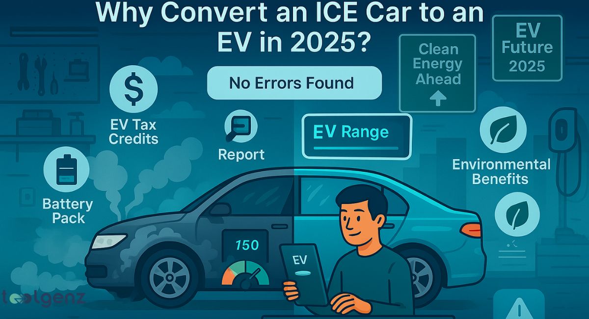 "Why Convert an ICE Car to an EV in 2025? Complete US Guide." It shows a car split in half: one side is a smoky internal combustion engine (ICE) car, and the other is a clean, blue electric vehicle (EV). Surrounding the EV side are benefits like "EV Tax Credits," "Battery Pack," "EV Range," and "Environmental Benefits."