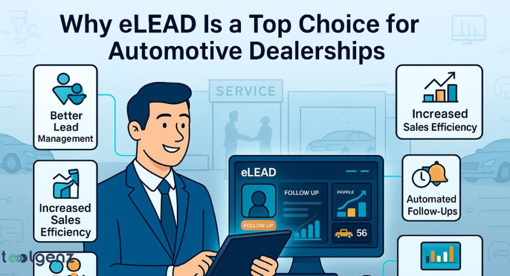 Two businessmen stand in front of a monitor displaying CRM data, with various icons around them illustrating "Benefits for Car Dealerships and Businesses," including improved sales performance, stronger customer relationships, enhanced communication, and smarter marketing campaigns.