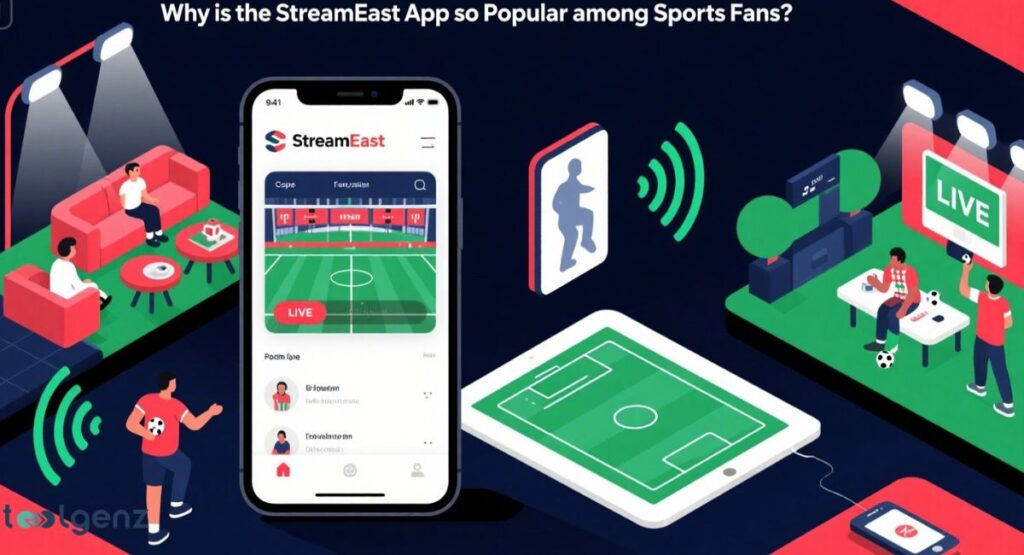 A central smartphone displaying the StreamEast app showing a live soccer match, surrounded by illustrations of sports fans watching on various devices in different settings (home, outdoors), with Wi-Fi signals, explaining the app's popularity.