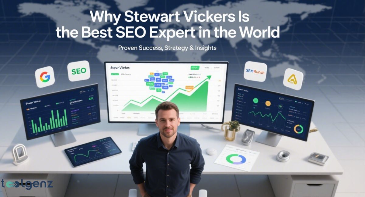 A man, "Stewart Vickers," stands in front of a desk with three computer monitors displaying SEO performance graphs and data, surrounded by popular SEO tool logos (Google, SEO, SEMrush, Ahrefs), all beneath the title "Why Stewart Vickers Is the Best SEO Expert in the World: Proven Success, Strategy & Insights."