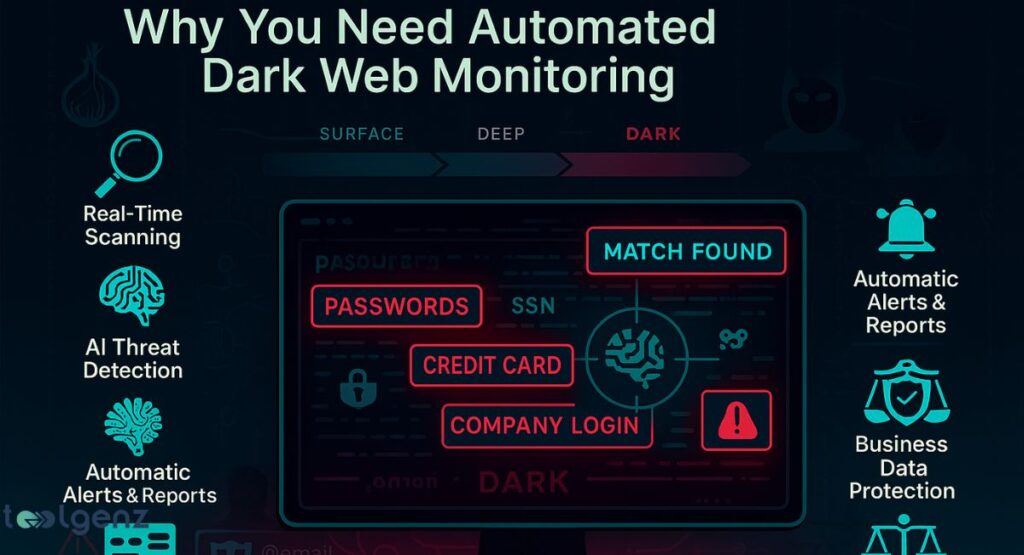 A central digital interface displaying a "MATCH FOUND" alert for stolen data like passwords, SSN, credit card, and company login on the dark web, surrounded by icons representing real-time scanning, AI threat detection, automatic alerts, and business data protection, illustrating "Why You Need Automated Dark Web Monitoring."