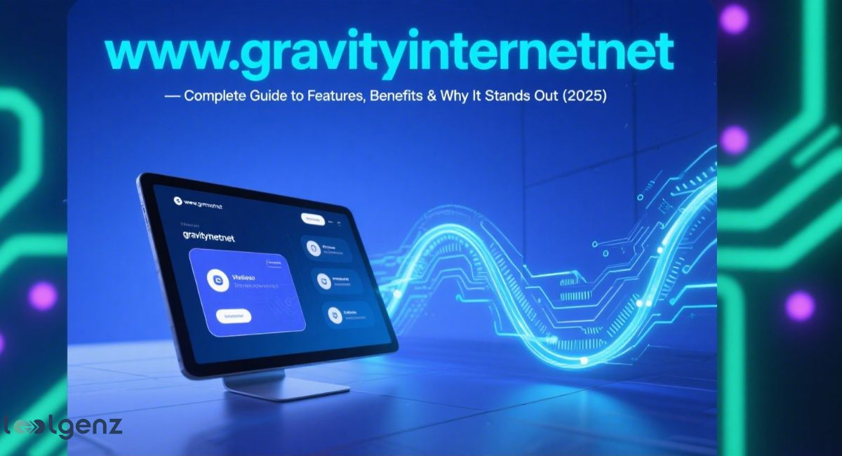 A digital tablet displaying the "gravityinternetnet" website interface, set against a dark blue background with glowing blue circuit board patterns and a prominent wavy data stream. The text reads "www.gravityinternetnet — Complete Guide to Features, Benefits & Why It Stands Out (2025).