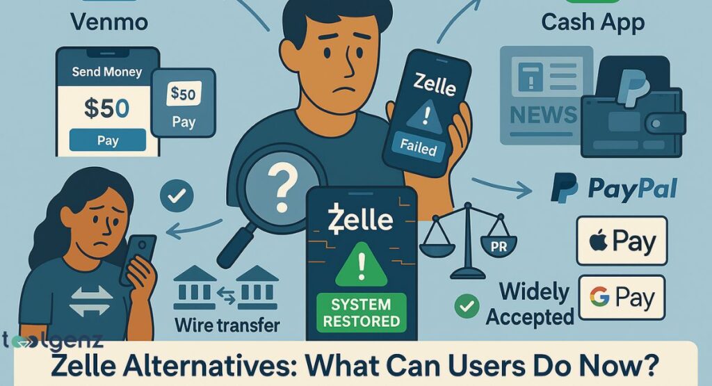 "Zelle Alternatives: What Can Users Do Now?" It features a distressed man holding a smartphone showing a "Zelle Failed" message. Around him, various alternative payment methods like "Venmo," "Cash App," "PayPal," "Apple Pay," and "Google Pay" are presented, along with traditional options like "Wire transfer," offering solutions during a Zelle outage.

