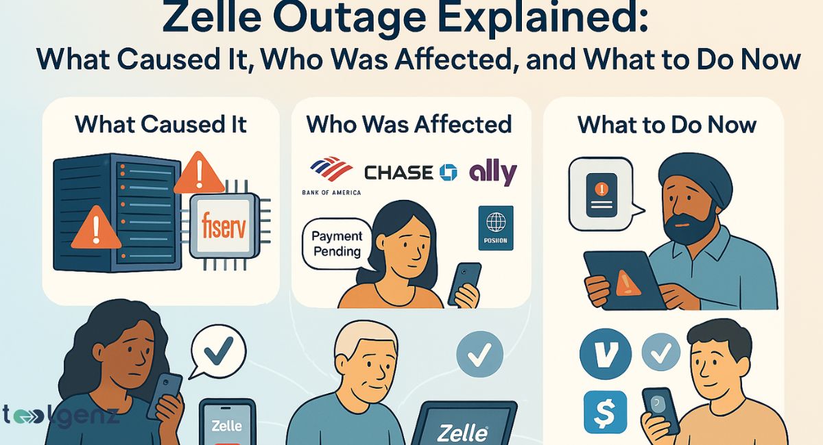 "Zelle Outage Explained: What Caused It, Who Was Affected, and What to Do Now." It's divided into three sections: "What Caused It" (server racks with warning signs, Fiserv chip), "Who Was Affected" (people with "Payment Pending" messages, logos for Bank of America, Chase, Ally), and "What to Do Now" (man with tablet, checkmarks for Zelle and other apps, dollar sign).