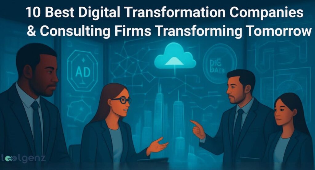 "10 Best Digital Transformation Companies & Consulting Firms Transforming Tomorrow." The illustration shows four business professionals, two men and two women, in a modern office environment. They are discussing digital concepts like "AI" and a cloud icon with an upward arrow.