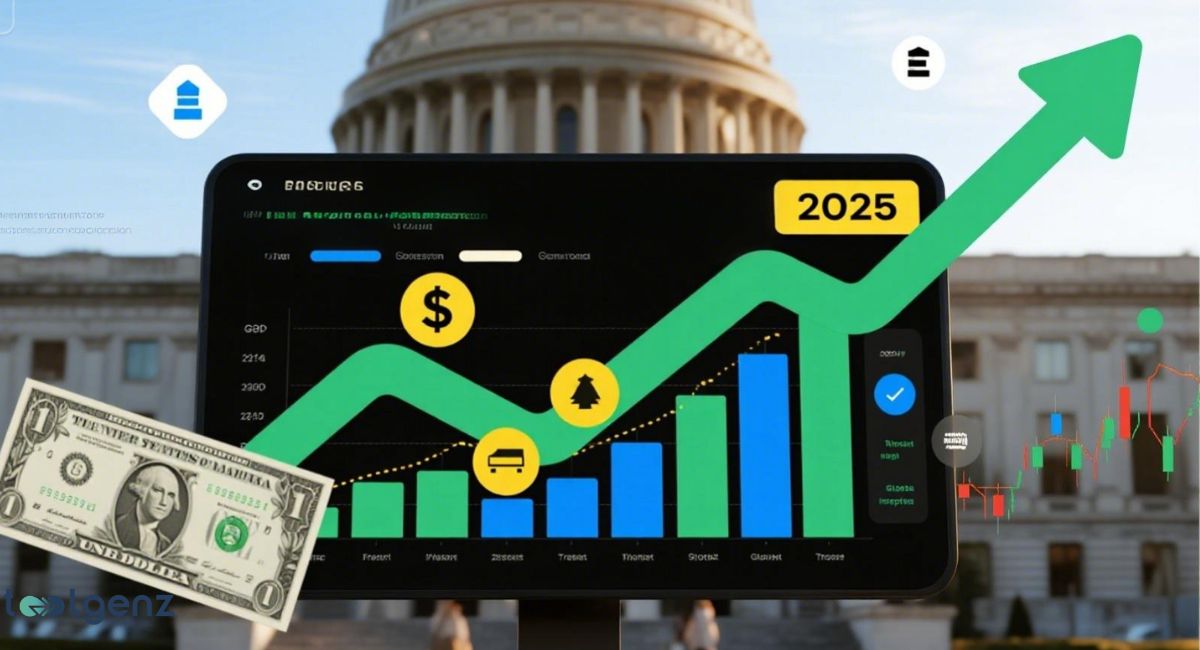 A large digital screen displays a green upward-trending graph and blue bar charts, with the year "2025" highlighted. In the foreground, a U.S. one-dollar bill floats, and a large building resembling a government institution stands in the background.