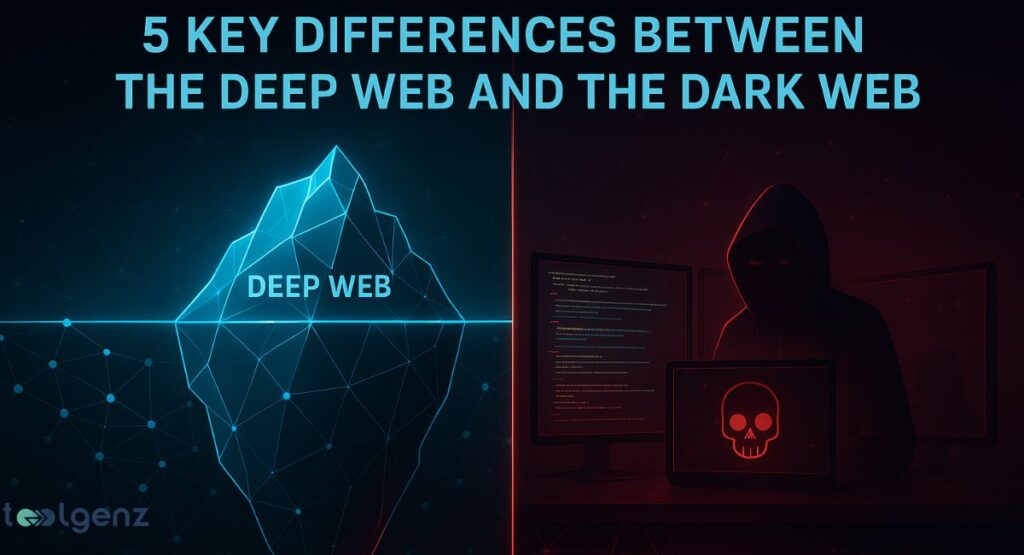 On the left, a glowing blue iceberg represents the Deep Web, with its larger submerged portion visible. On the right, a dark, hooded figure sits at a computer with a glowing red skull icon on the screen, representing the Dark Web. The title at the top is "5 KEY DIFFERENCES BETWEEN THE DEEP WEB AND THE DARK WEB."