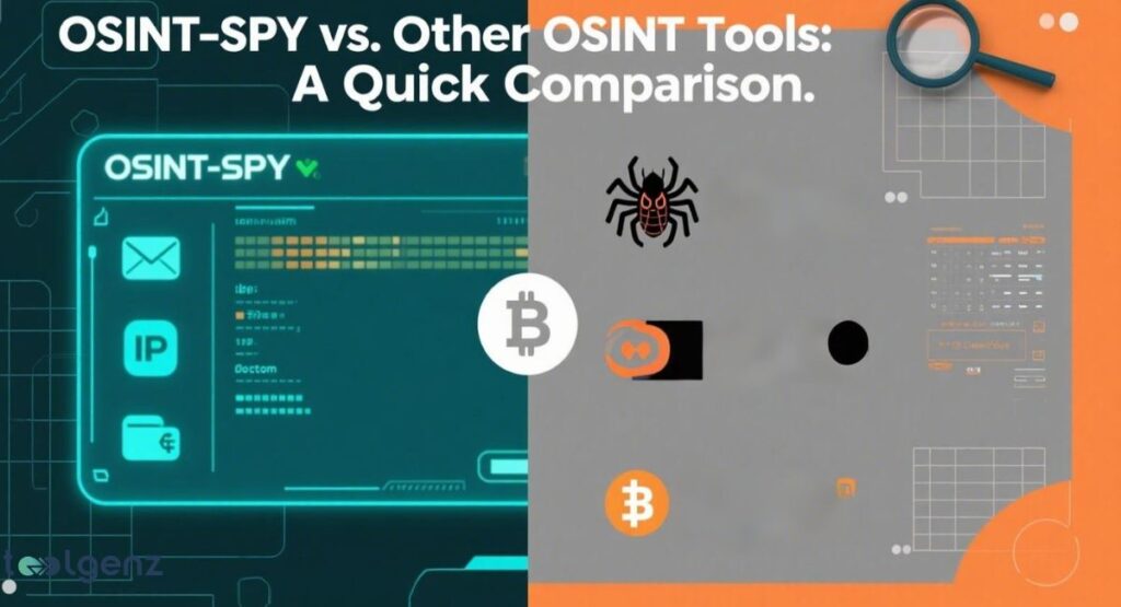 A comparison infographic between "OSINT-SPY" and "Other OSINT Tools." OSINT-SPY is represented by a sleek blue interface with icons for email, IP addresses, and currency. "Other OSINT Tools" are shown with various less organized icons, including a spider, and multiple Bitcoin symbols on a gray and orange background.