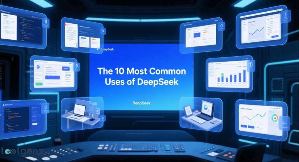  "The 10 Most Common Uses of DeepSeek." The image shows a futuristic control room with a large central screen displaying the title and the DeepSeek logo. Ten smaller, floating screens surround the central screen, each depicting a different use case with various charts, graphs, and code snippets. Two of the screens show stylized office desks with laptops, representing different work scenarios.