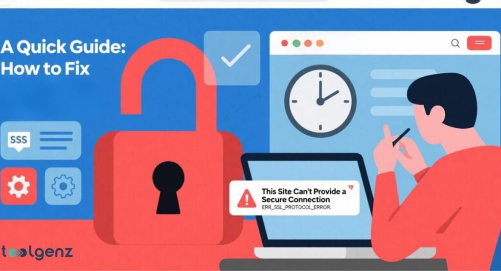 "A Quick Guide: How to Fix 'This Site Can't Provide a Secure Connection' or 'ERR_SSL_PROTOCOL_ERROR'." It shows a person working on a laptop, which displays the error message. A large red, open padlock and other security-related icons are featured in the background.
