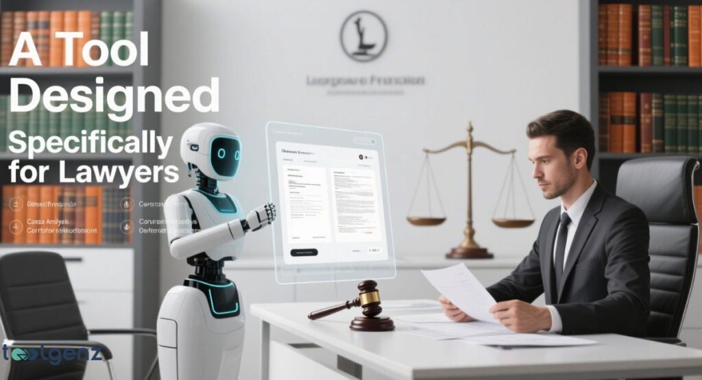 A man in a suit, identified as a lawyer, is sitting at a desk with a holographic AI robot beside him. The robot presents a floating screen with legal documents and analysis, while a gavel and a scale of justice are on the desk. The title reads "A Tool Designed Specifically for Lawyers."
