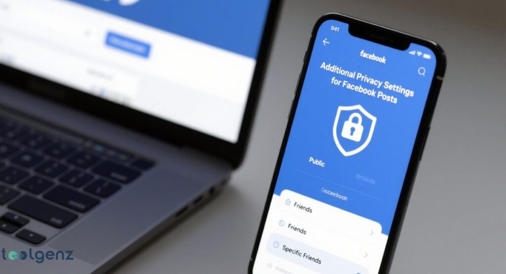 A close-up shot of a smartphone screen showing "Additional Privacy Settings for Facebook Posts." The screen displays options like "Public," "Friends," and "Specific Friends," with a lock icon, while a laptop is blurred in the background.