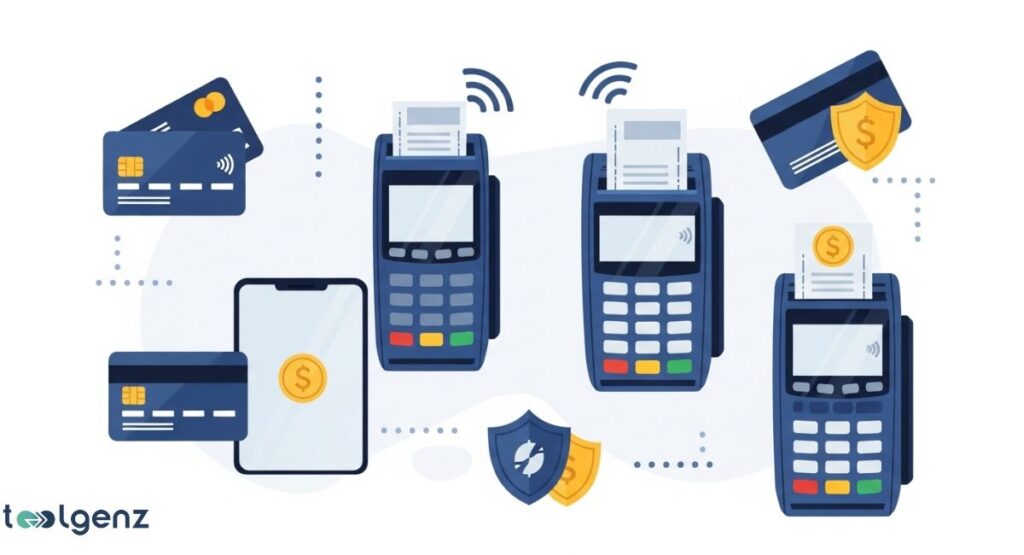 An illustration showing various credit cards, a smartphone with a coin icon, and multiple point-of-sale (POS) terminals. The devices are interconnected by abstract lines and surrounded by security-related icons like shields, suggesting a secure and reliable payment process.