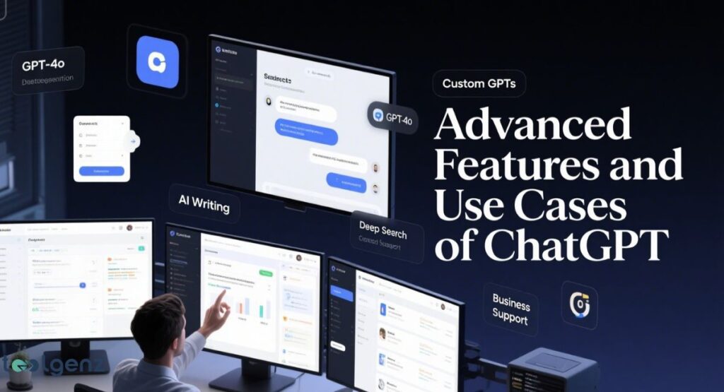 A dark, futuristic graphic showing a person at a desk interacting with multiple glowing computer screens. The screens display various applications, including the ChatGPT interface, a business dashboard, and a custom GPT builder. The title reads "Advanced Features and Use Cases of ChatGPT," with text callouts for "GPT-40," "Custom GPTs," "AI Writing," and "Business Support."