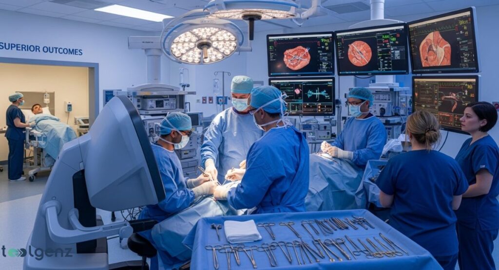 A medical team of surgeons and nurses is performing a complex operation with the assistance of an advanced robotic surgical system. Multiple monitors display a variety of patient data, including heart rate and blood flow.