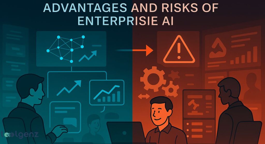 "Advantages and Risks of Enterprise AI." It is a split-screen image. The left side, in blue, shows business professionals in a collaborative, data-driven environment with upward-trending graphs, representing advantages. The right side, in red, shows a person looking concerned, with a large warning triangle and a jumbled flowchart, representing the risks.
