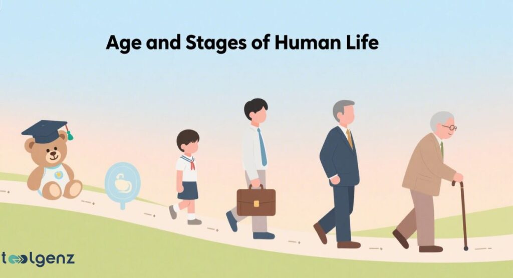 A horizontal graphic depicting five figures walking along a path, symbolizing different stages of human life: a teddy bear with a graduation cap (childhood/early education), a young boy (childhood), a young man with a briefcase (adulthood/career), a middle-aged man (maturity), and an elderly man with a cane (old age).