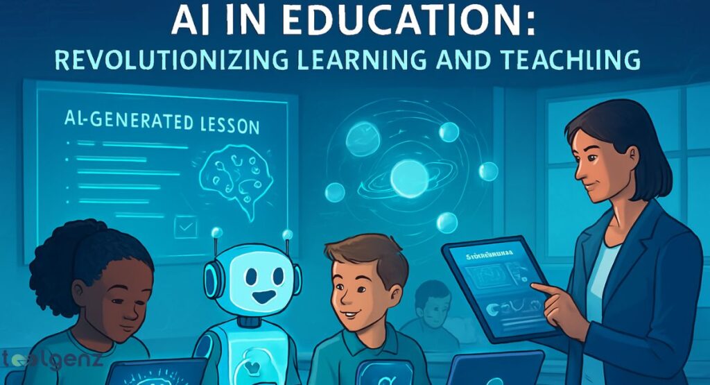 "AI IN EDUCATION: REVOLUTIONIZING LEARNING AND TEACHING." The image shows a futuristic classroom setting where a teacher, students, and a friendly-looking robot are interacting with technology. A large screen displays an "AI-Generated Lesson" with a brain icon. The teacher is using a tablet that also displays data. The overall scene suggests a blend of traditional teaching with advanced AI tools.