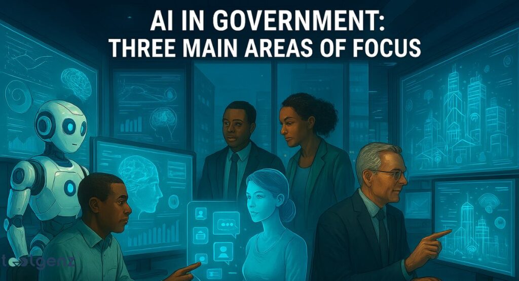 An illustration of a group of professionals and a humanoid robot in a futuristic control room. They are surrounded by screens displaying complex data visualizations, including a brain-like network, a head with data points, and city skylines. The title at the top is "AI in Government: Three Main Areas of Focus."