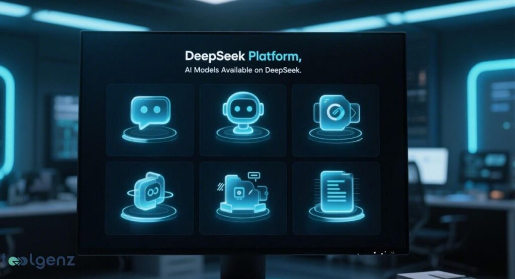 "DeepSeek Platform, AI Models Available on DeepSeek." The image shows a large screen in a futuristic setting, displaying six glowing, blue icons representing different AI models. The icons include a chat bubble, a robot, a camera lens, a chain link, an industrial machine, and a document with a checklist.