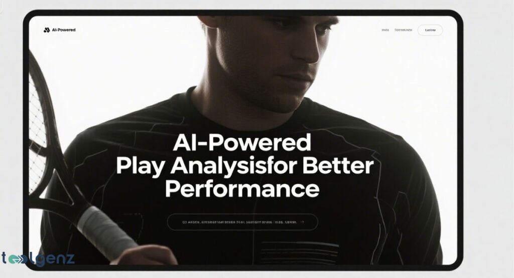 A tennis player holding a tennis racket, with a digital screen overlaid. The screen shows the title "AI-Powered Play Analysis for Better Performance."