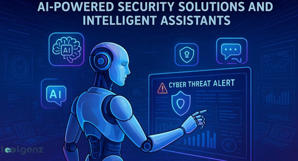 An illustration of a humanoid robot standing in front of a monitor displaying a "Cyber Threat Alert." The robot is surrounded by holographic icons representing AI, a brain, a shield, a question mark, and a chat bubble. The title is "AI-Powered Security Solutions and Intelligent Assistants."