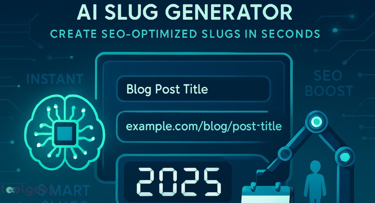 "AI Slug Generator: Create SEO-Optimized Slugs in Seconds." It shows a user interface with input fields for a blog post title and a generated SEO-friendly slug. A futuristic brain with a circuit pattern, an "AI" label, and a robotic arm are shown, symbolizing the use of artificial intelligence and automation to create the slugs.