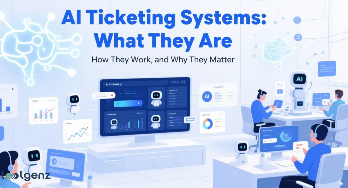 "AI Ticketing Systems: What They Are, How They Work, and Why They Matter." It shows a central large screen with a dashboard, surrounded by smaller screens and people working in an office environment. The dashboard features robot icons and data visualizations. Several small, friendly robots are also present, interacting with the people and systems.