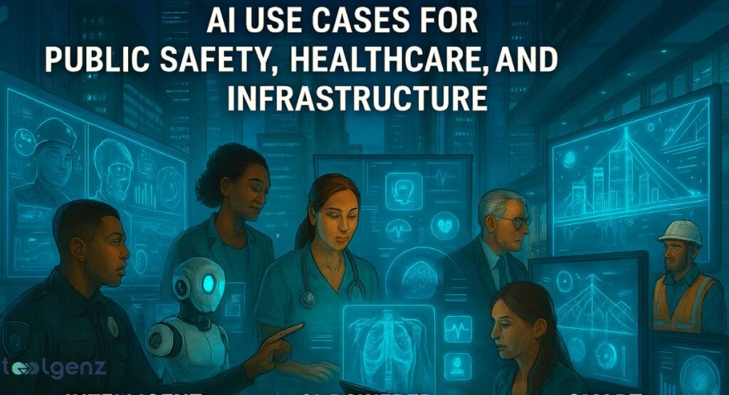 An illustration depicting various professionals, including a police officer, a doctor, a man in a business suit, and a construction worker, interacting with holographic screens. The screens display visuals related to public safety, healthcare, and infrastructure, with a humanoid robot standing among them. The title reads "AI Use Cases for Public Safety, Healthcare, and Infrastructure.