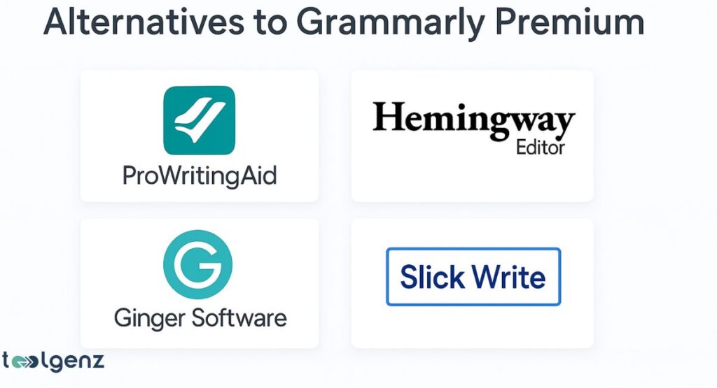 "Alternatives to Grammarly Premium," displaying the logos of four writing tools: ProWritingAid, Hemingway Editor, Ginger Software, and Slick Write.