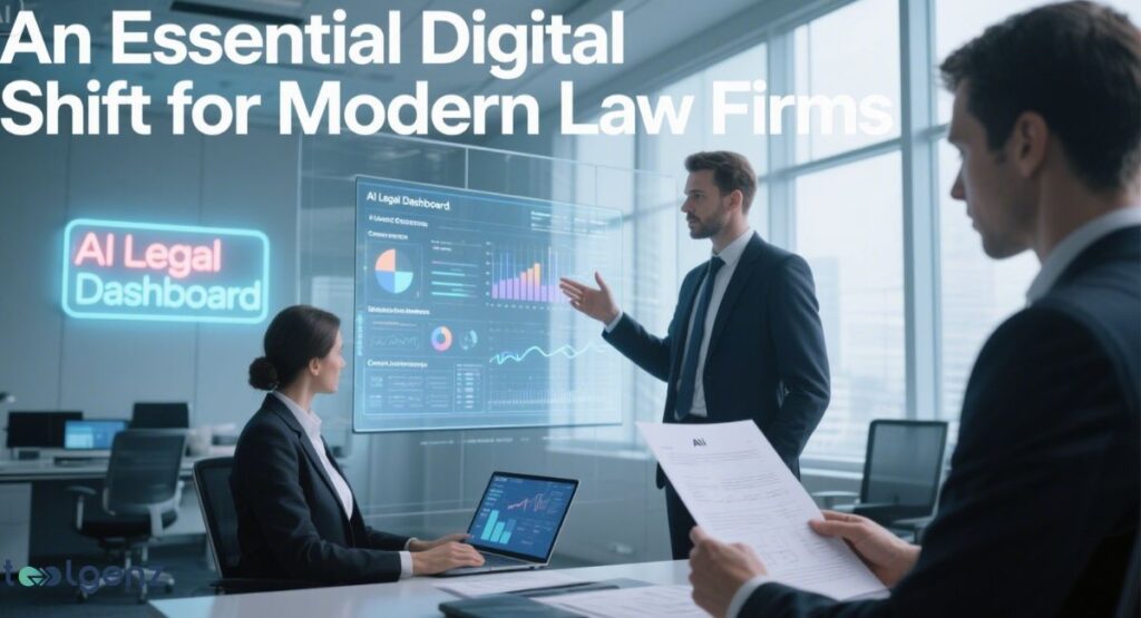 A man in a suit is presenting a holographic "AI Legal Dashboard" to a woman using a laptop and another man holding legal documents, all within a modern, brightly lit office setting. The dashboard displays various charts, graphs, and data related to legal cases, highlighting a technological shift in the legal profession. The title at the top is "An Essential Digital Shift for Modern Law Firms."