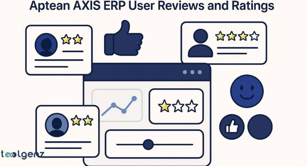 An illustration of a user review and rating system for "Aptean AXIS ERP." It shows a thumbs-up icon, a smiley face, a line graph, and various star ratings and user profile icons.