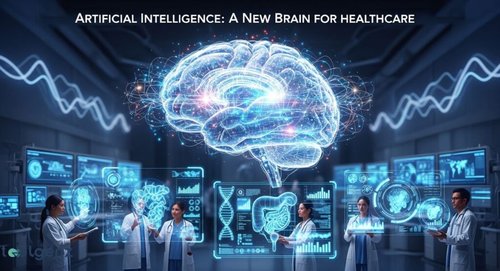 A group of five medical professionals stands in a futuristic setting, surrounded by holographic displays of medical data and a large glowing brain at the center. The screens show anatomical diagrams, vital signs, and an "AI" logo.