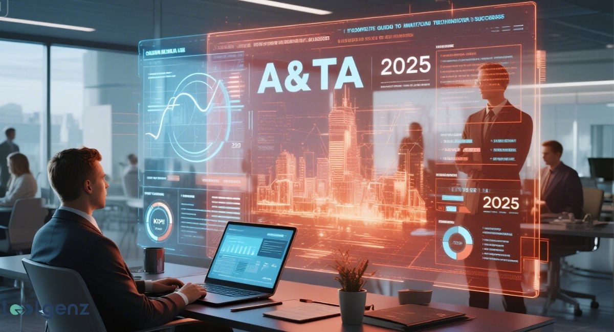 A professional setting with a man working on a laptop in the foreground, and several colleagues and large holographic screens displaying data and cityscapes in the background. The title at the top is "A&TA 2025: The Complete Guide to Analytics and Technology Architecture for Business Success."