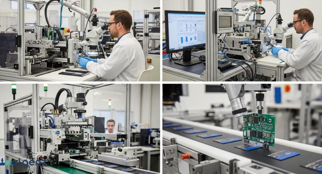 A four-panel collage showing different stages of electronic card manufacturing. The images depict technicians in lab coats working with microscopes on circuit boards and automated machinery for assembly and quality control, Axis Electronique card manufacturing and production.