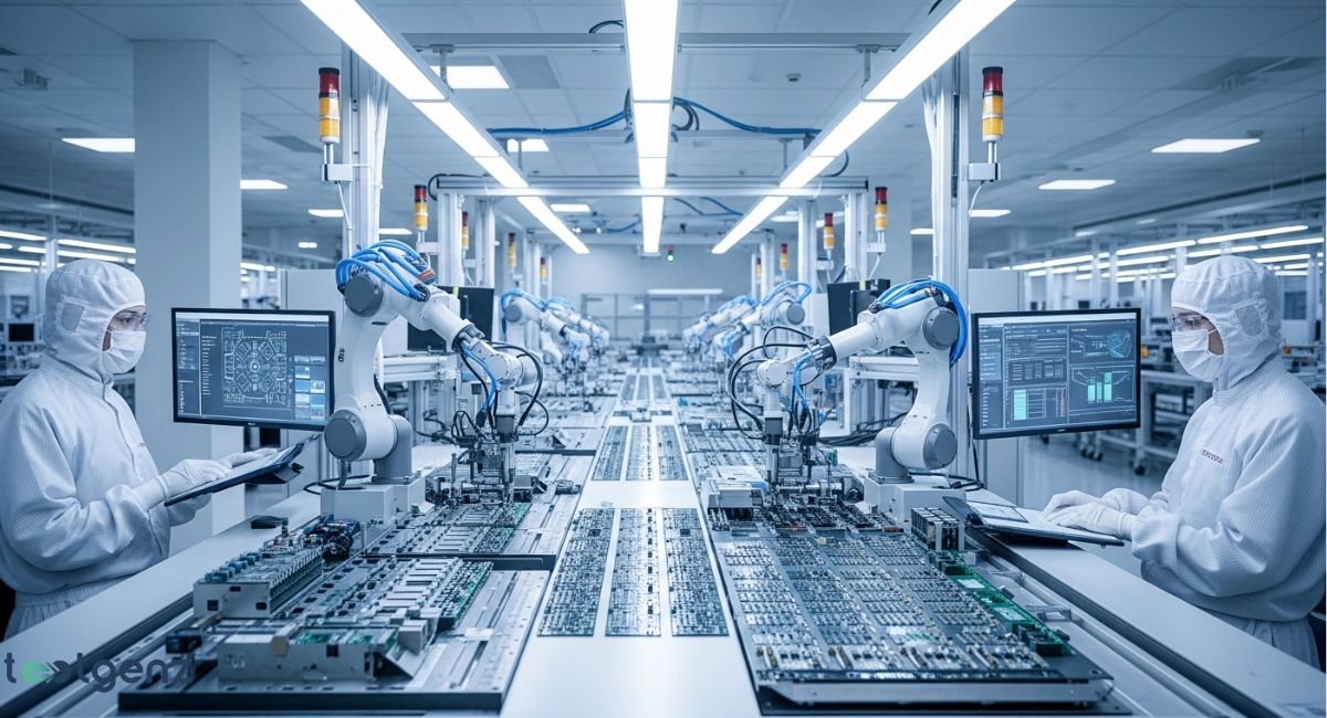 A bright, sterile factory floor with rows of automated robotic arms assembling electronic circuit boards. Two technicians in full cleanroom suits are monitoring computer screens on either side of the assembly line.