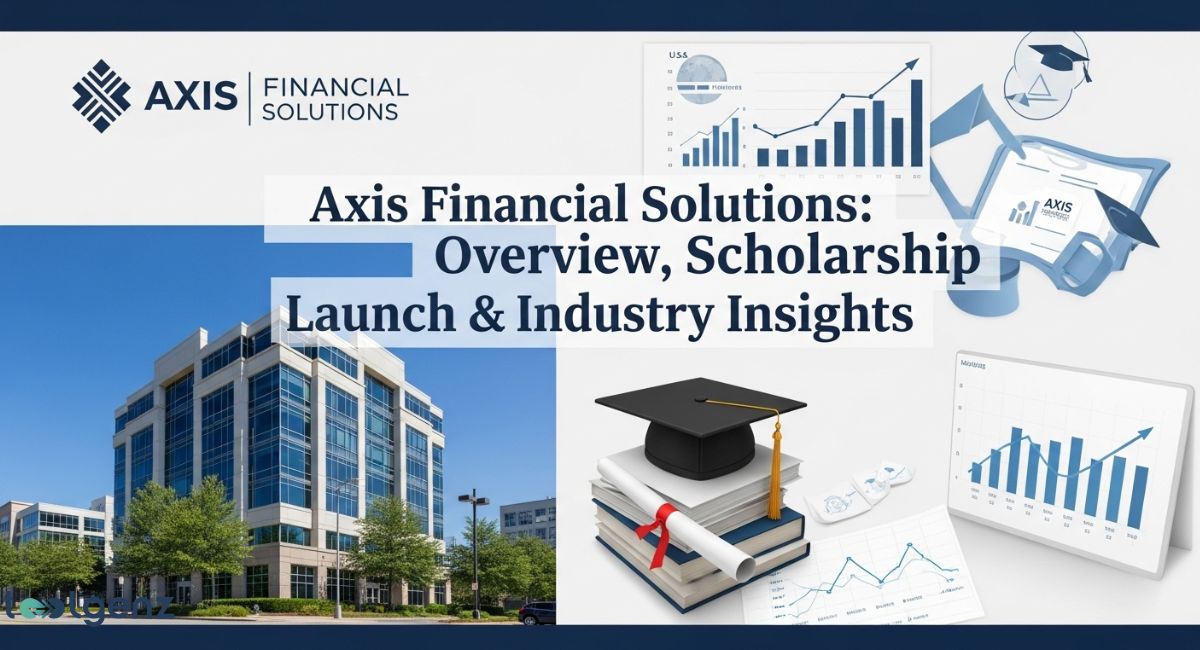 A collage of images related to financial services and education. It features a modern office building, a stack of books with a graduation cap and diploma, and various financial charts and graphs. The title is "Axis Financial Solutions: Overview, Scholarship Launch & Industry Insights."