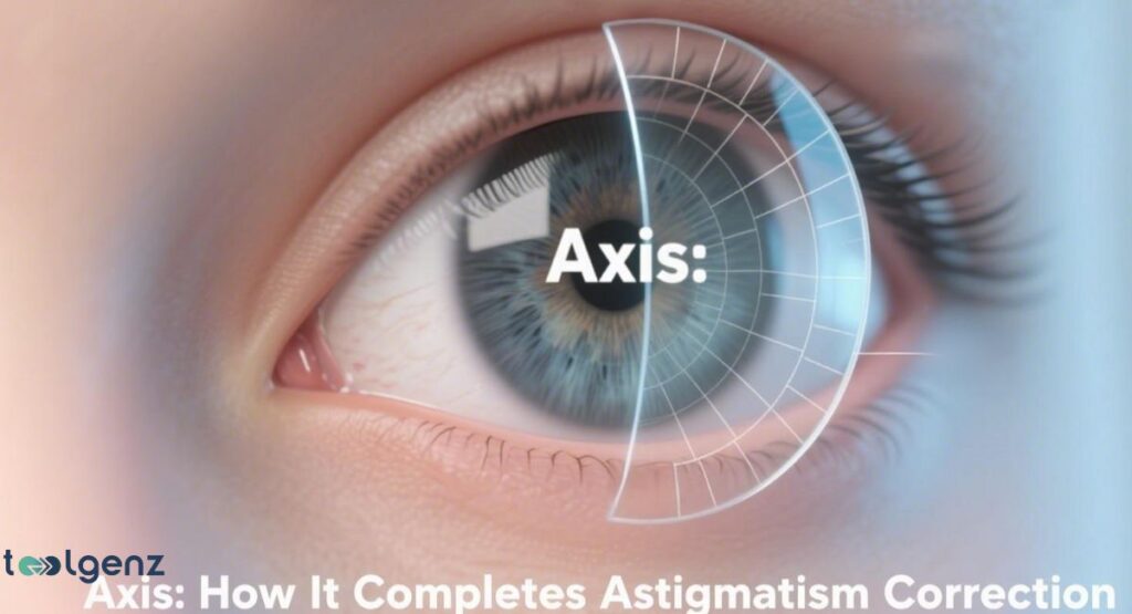 The image shows a close-up of an eye with a transparent, grid-like overlay labeled "Axis," illustrating the orientation for astigmatism correction.