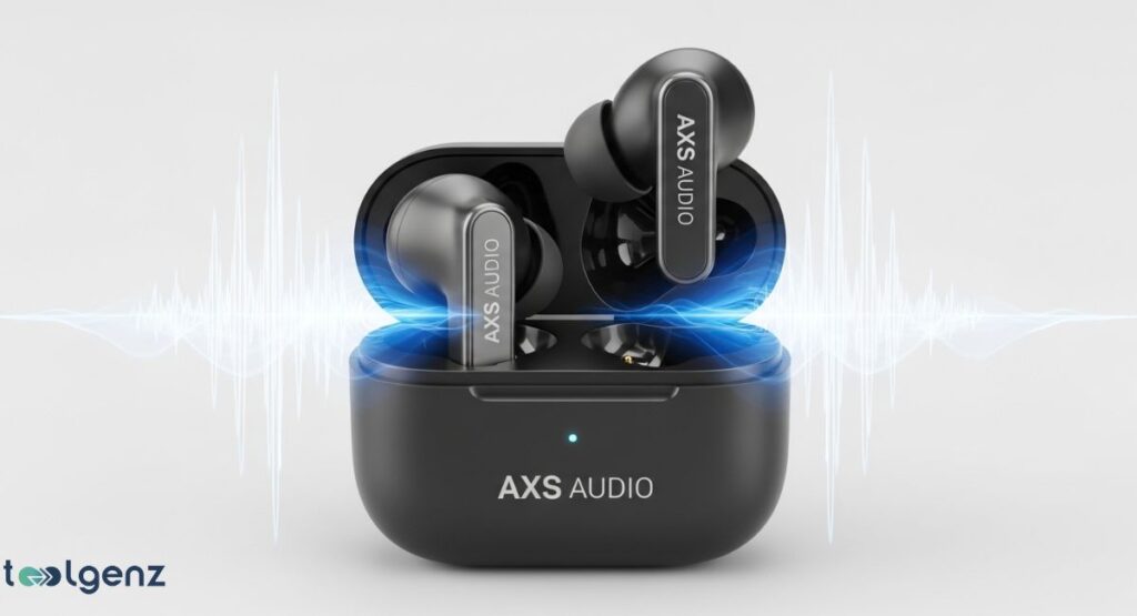 A pair of black wireless earbuds with a metallic finish, labeled "AXS AUDIO," are shown in their open charging case. A blue, glowing sound wave graphic emanates from the case, symbolizing high-quality audio.