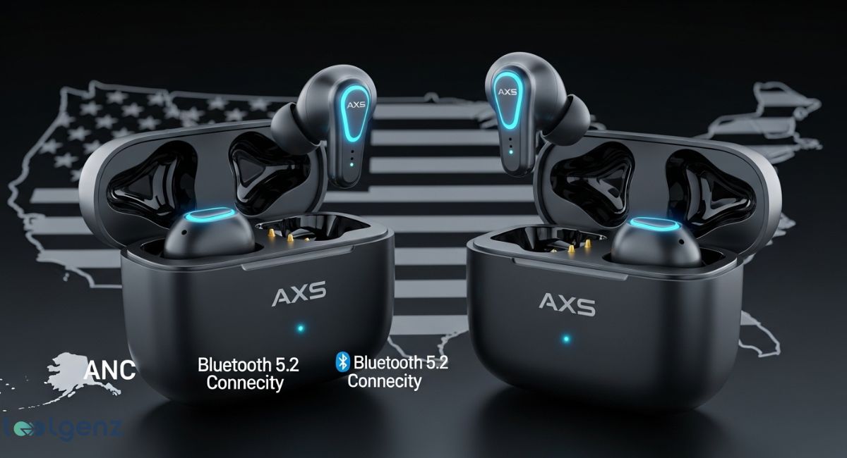 A pair of black AXS brand wireless earbuds with a glowing blue light are shown, sitting in their charging cases. The earbuds and cases are in front of a dark, stylized map of the United States. The image highlights features such as "Bluetooth 5.2 Connectivity.