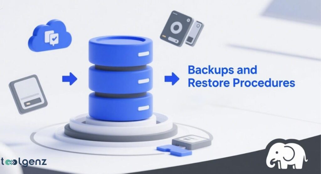 A 3D illustration of a blue, cylindrical database tower in the center. Arrows point from a gray tablet and a blue cloud icon to the tower, and from the tower to two hard drive icons. The title reads "Backups and Restore Procedures." A PostgreSQL elephant logo is in the bottom-right corner.