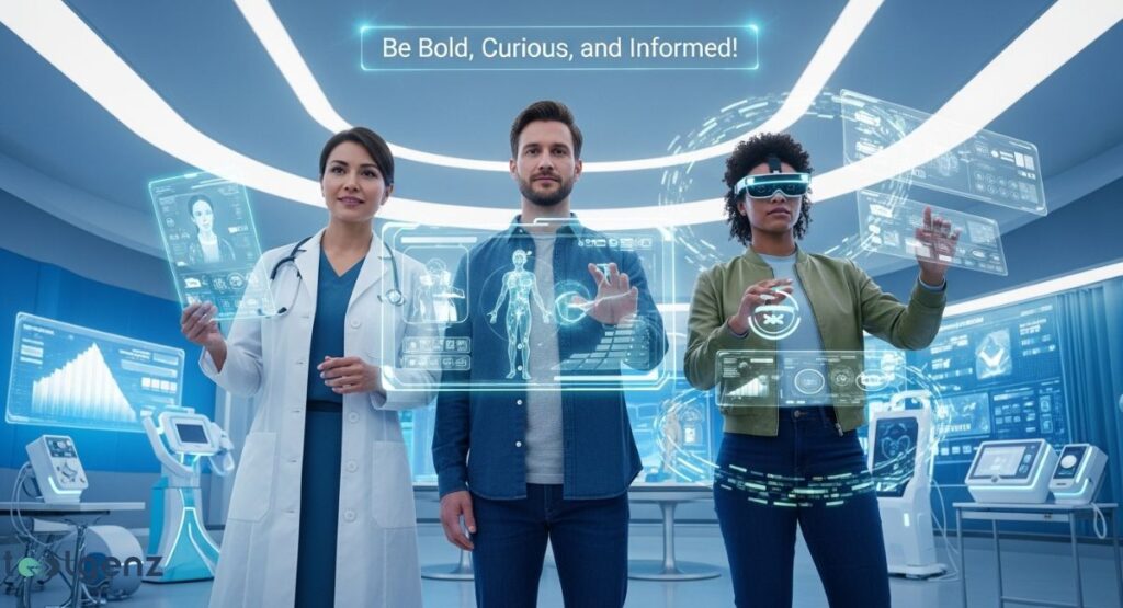 Three people, including a medical professional in a lab coat and a person wearing a VR headset, are interacting with futuristic holographic displays in a high-tech medical or research facility. The screens show an anatomical diagram and other medical data.