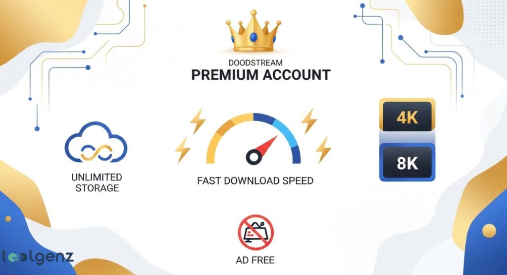 An infographic detailing the benefits of a Doodstream download Premium Account. Key features highlighted are "Unlimited Storage" with a cloud icon, "Fast Download Speed" with a speedometer, and "Ad Free" with a crossed-out advertisement icon. It also mentions 4K and 8K video quality.