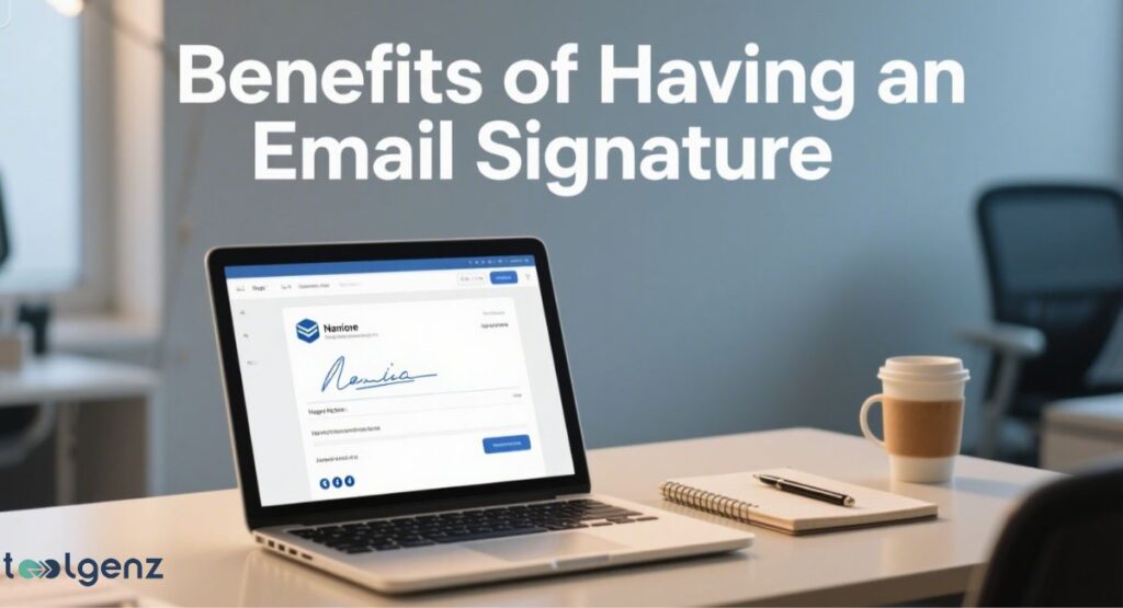 A laptop displays an email with a professional signature, which includes a name, title, and contact information. A pen and a notebook are beside the laptop, and a coffee cup is also on the desk. The setting is a modern, blurred office.