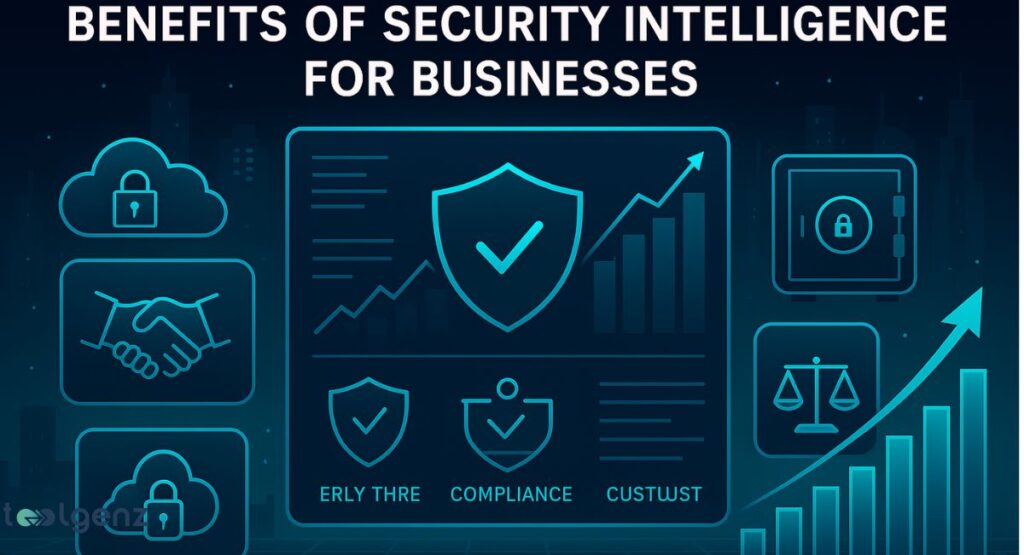 It displays a central shield icon and various other icons, including a cloud with a padlock, a handshake, and a vault, to represent the benefits. A rising bar graph with an arrow indicates growth.