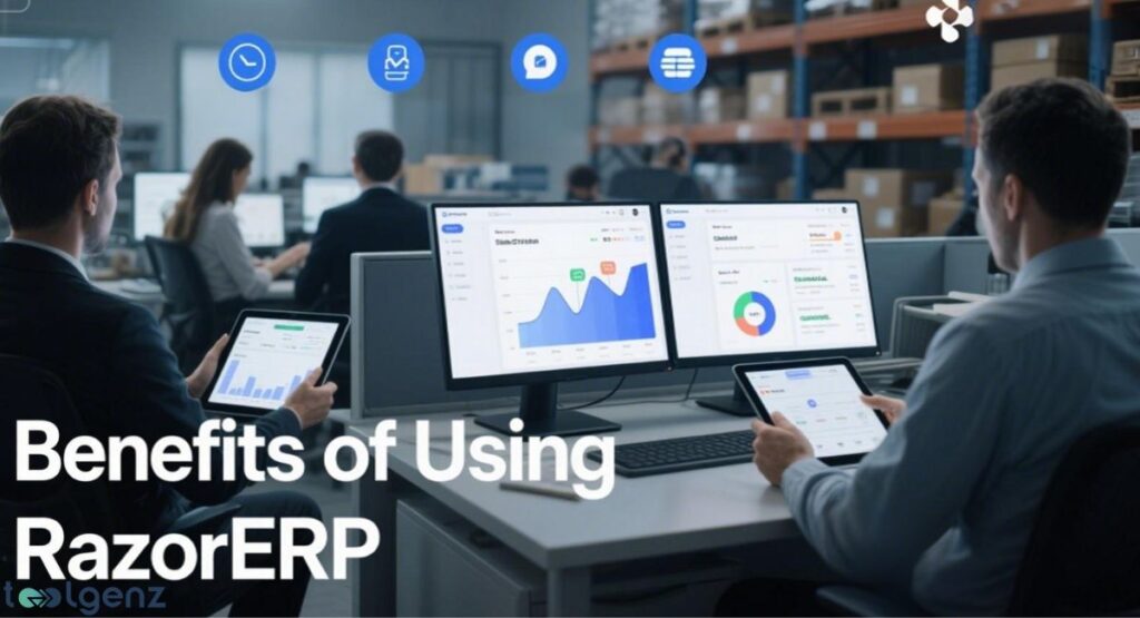 The image shows a modern office environment with three people working at desks with multiple computer monitors and tablets. The screens display graphs and data visualizations. Four glowing blue icons float above the workers, representing time efficiency, analytics, communication, and inventory management.