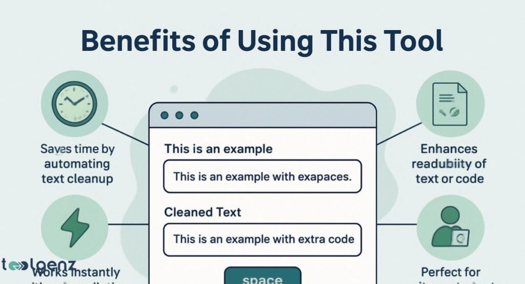 "Benefits of Using This Tool." It shows a user interface with a text field, demonstrating how a tool cleans up text. The image highlights four key benefits: "Saves time by automating text cleanup," "Enhances readability of text or code," "Works instantly with no installation," and "Perfect for writers, students, and developers."
