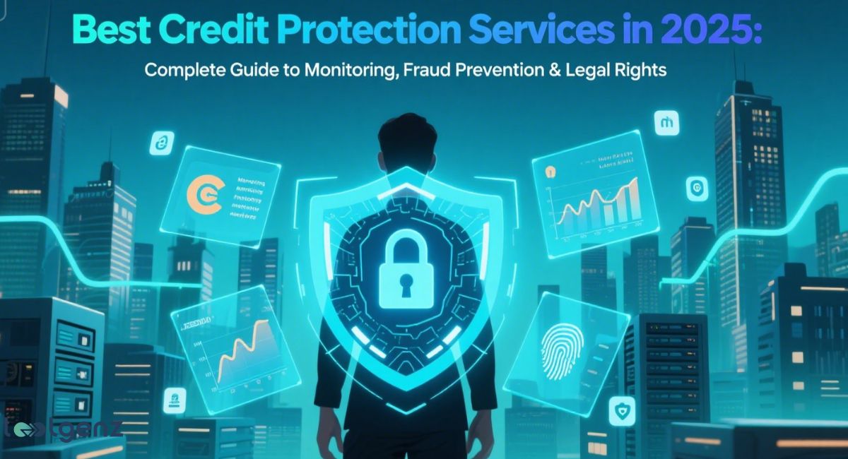 "Best Credit Protection Services in 2025: Complete Guide to Monitoring, Fraud Prevention & Legal Rights." The central image is a man standing in front of a large, glowing shield with a padlock icon, surrounded by futuristic screens displaying credit-related data such as graphs, a credit score dial, a fingerprint scan, and various icons. The background shows a futuristic city skyline at night.