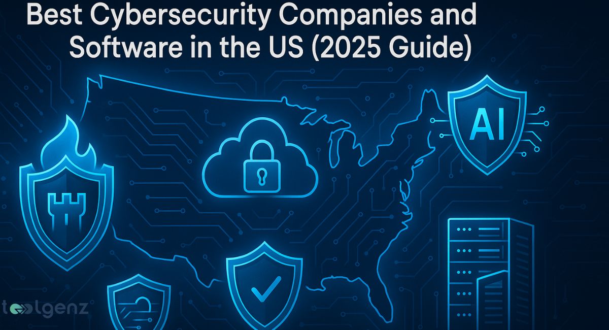 "Best Cybersecurity Companies and Software in the US (2025 Guide)." The image is a stylized, dark blue map of the United States with a circuit board pattern. Various glowing blue icons representing cybersecurity concepts are placed around the map, including a shield with a firewall icon on the left, a cloud with a padlock in the center, and a shield with an "AI" label on the right.
