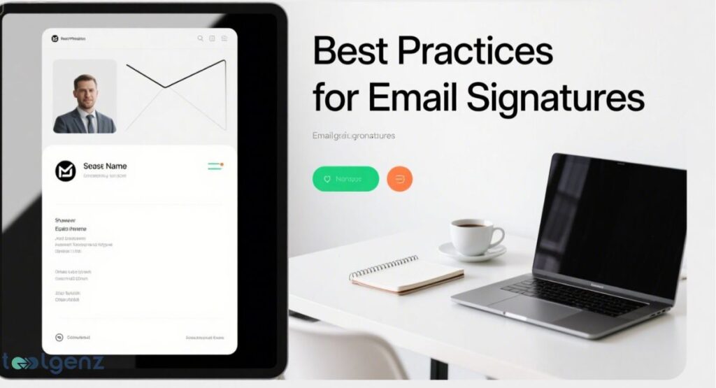 A tablet on the left displays an example of a professional email signature with a profile picture and contact information. On the right, a laptop and a coffee cup are on a desk in a clean office setting, suggesting a professional work environment.